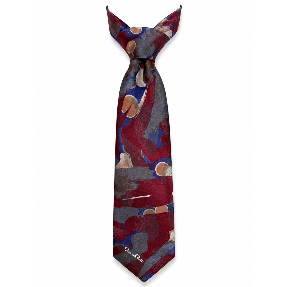 Oscar de la Renta Vintage Studio Men’s Silk Tie – Abstract Burgundy With Logo